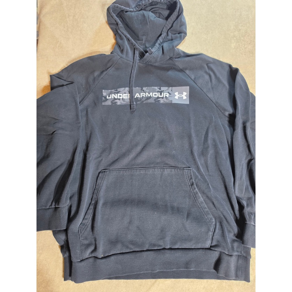 Under Armour Mens Hoodie Black Camo Logo Fleece Pullover Sweatshirt Medium